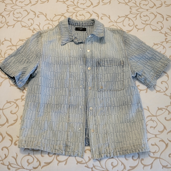 AMIRI Logo Light Blue Jacquard Denim Button Front Shirt Large - Picture 1 of 9